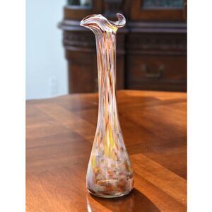 Vintage Hand Blown Art Glass Bud Vase - Swirl Murano Style Ruffled Rim 10.5"